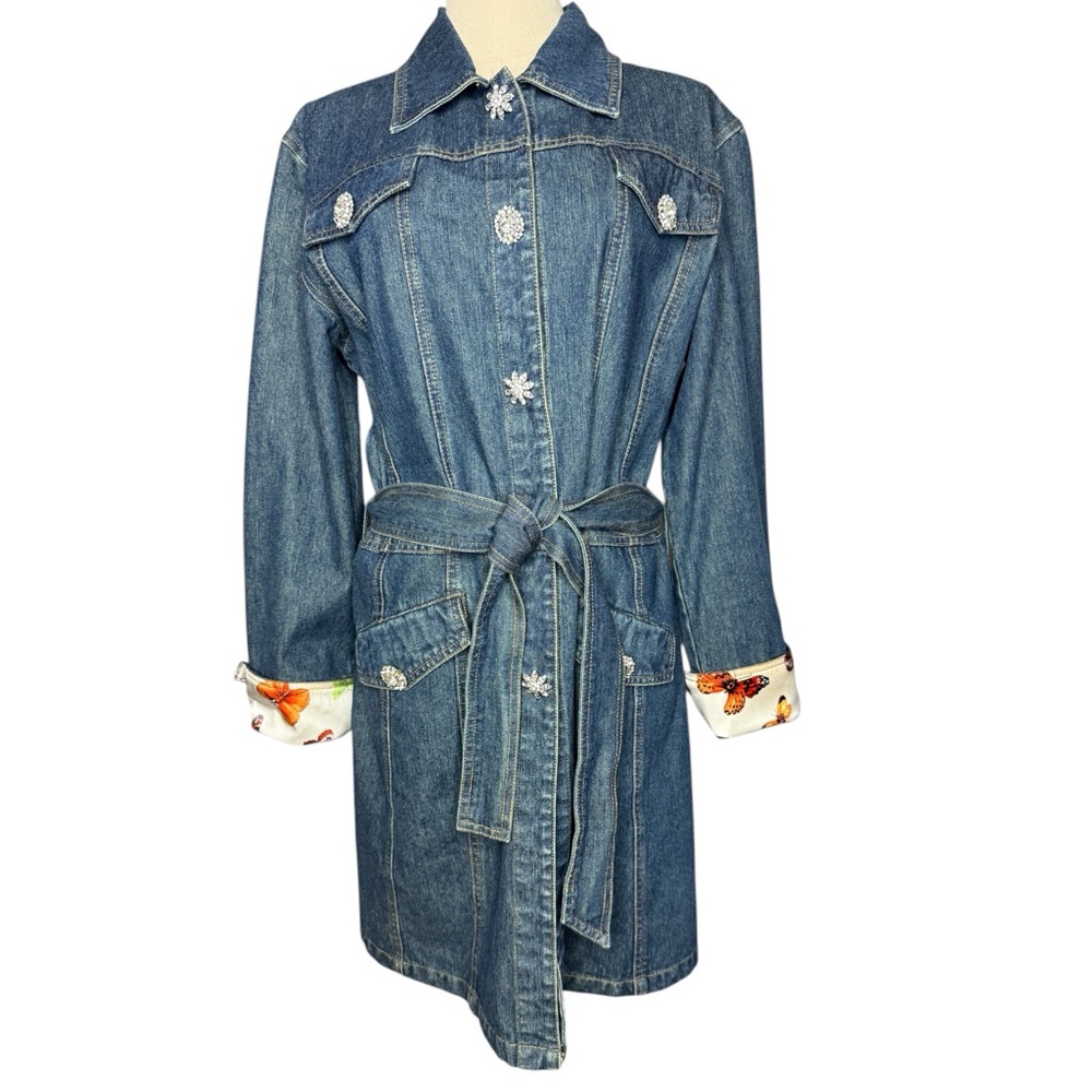 Vintage BEREK Denim Trench Coat Crystal Buttons Butterfly Lining Size Large